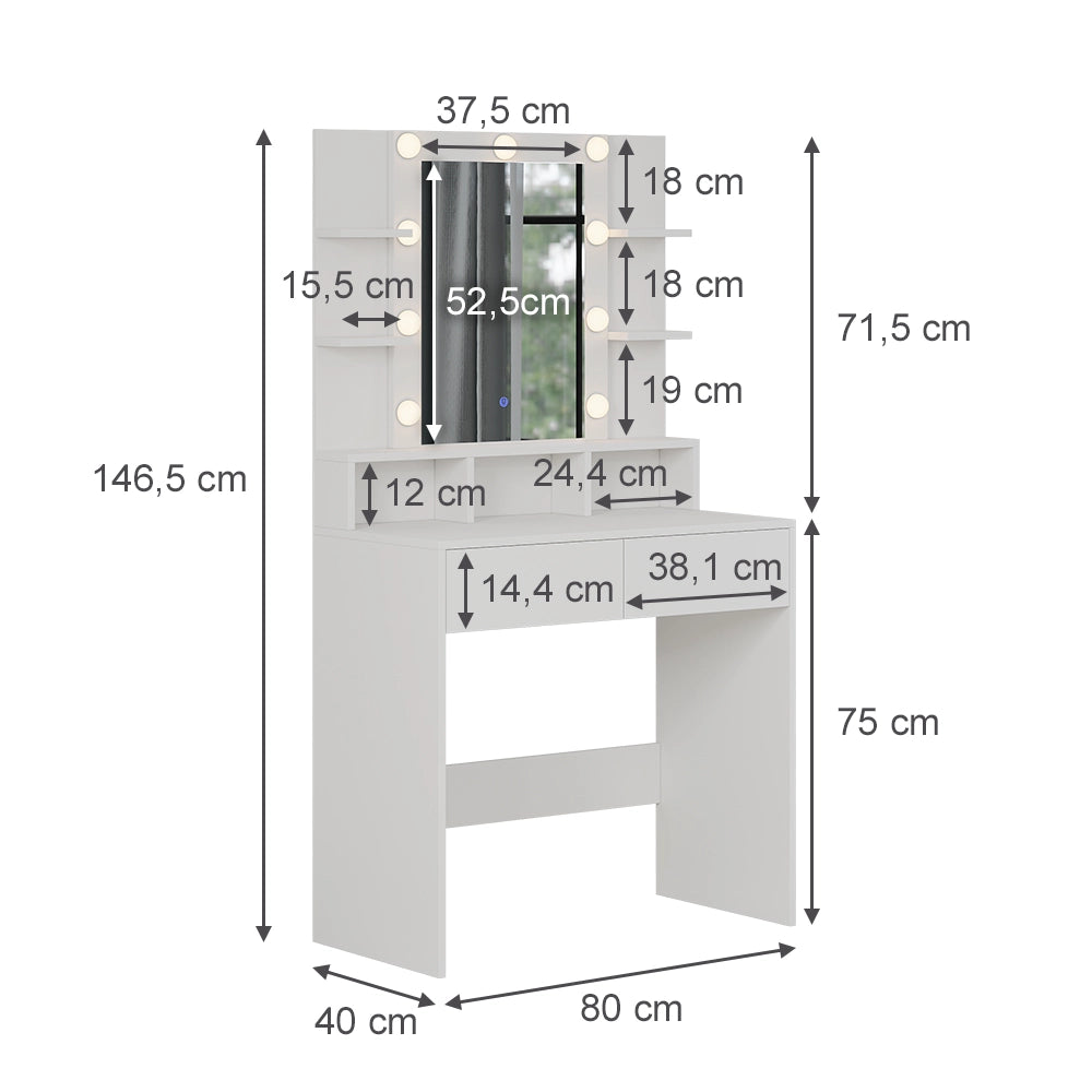 Vicco Tavolo da toeletta Bianco 80 cm con illuminazione a LED