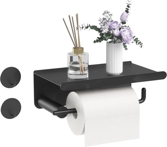 Sostegno per carta igienica senza perforazione - Support per rotoli WC autoadesivo con pannello - Acciaio inossidabile - Nero - Ideale per Bagno e Cucina
