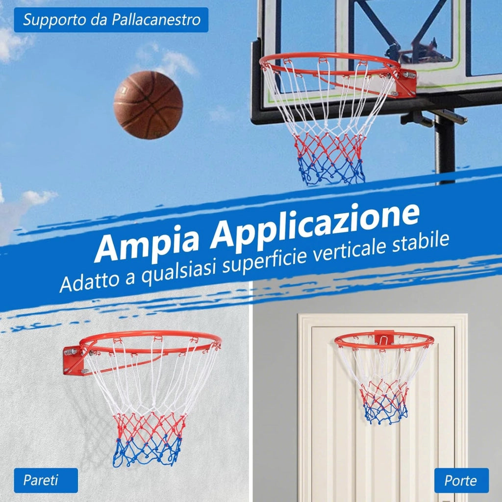 Canestro da Basket a Parete, Anello da Pallacanestro da Muro per Bambini e Adulti con Rete Antipioggia, Cerchio Universale da Basket per Interni ed Esterni