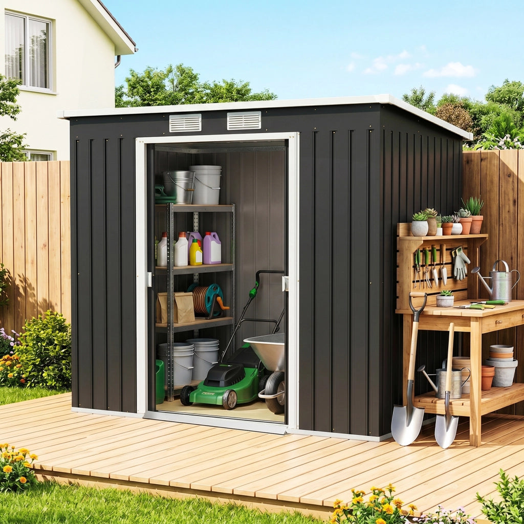 Casetta da giardino ¨C zephmum ¨C 213x130x172 cm grigio con porta scorrevole e finestre
