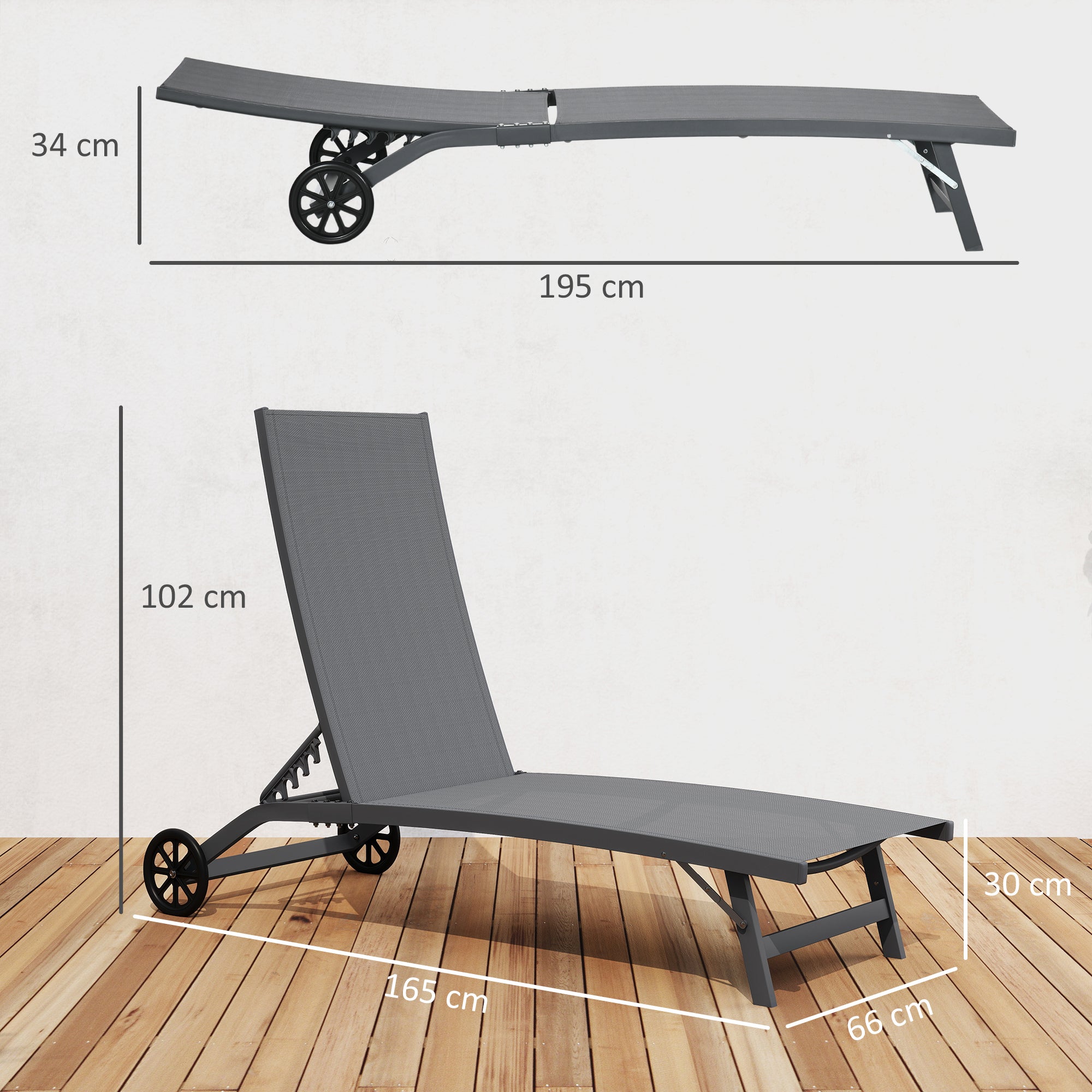 Set 2 Lettini Prendisole 66x165x102 cm con Schienale Reclinabile in Alluminio e Tessuto Traspirante Grigio Scuro