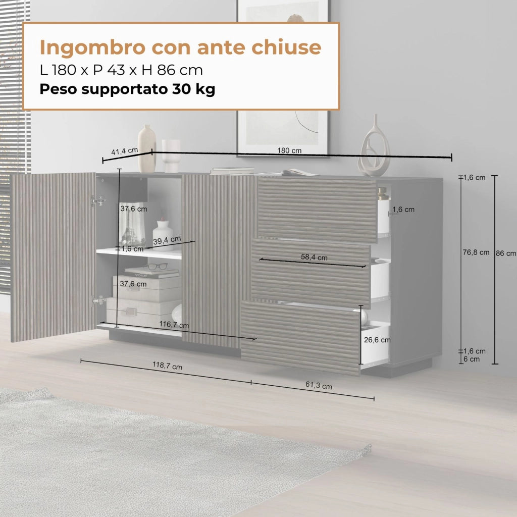 WHOUS Credenza Coste a 2 ante e 3 cassetti antracite opaco e legno scuro 180x43x86 cm