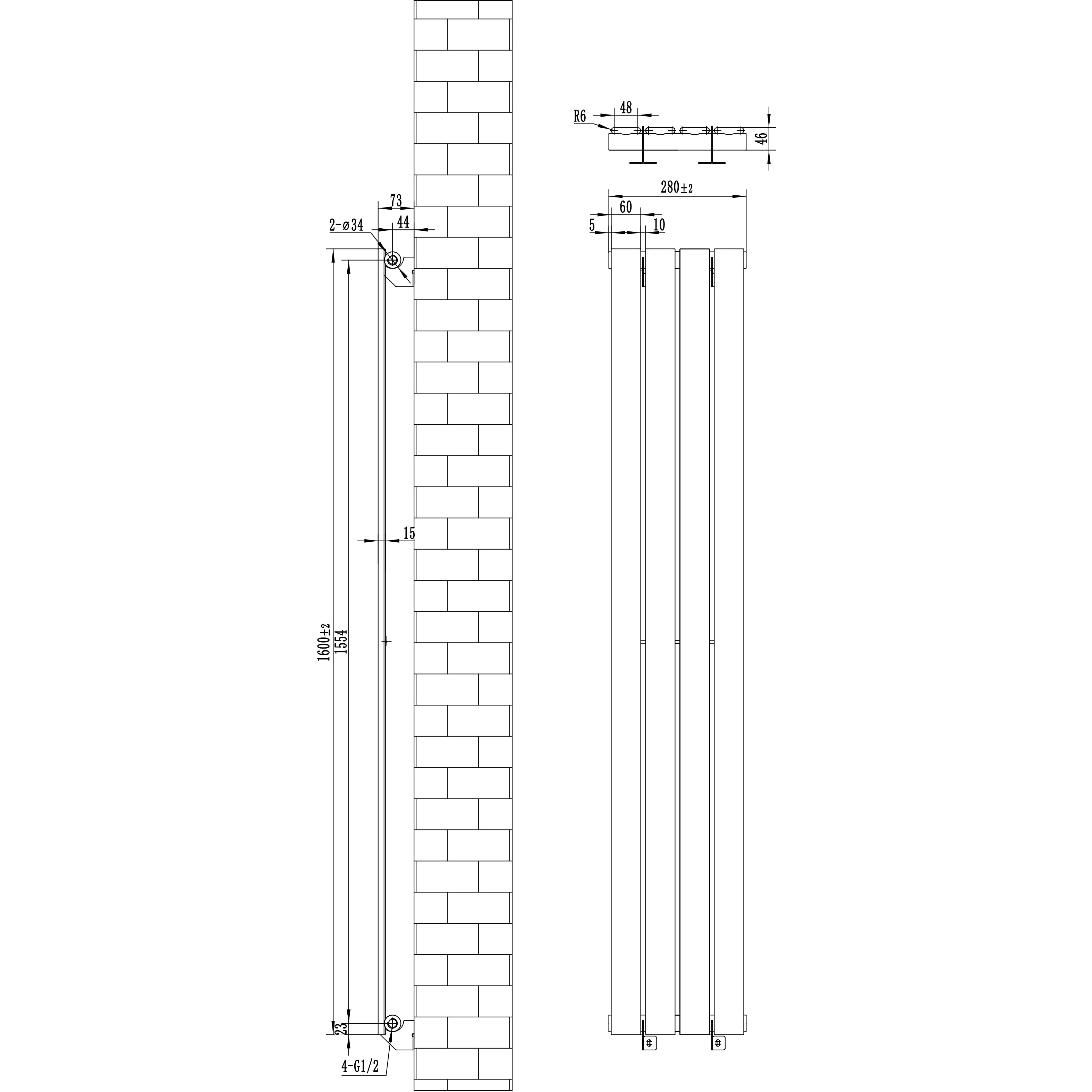 Radiatore Orizzontale 1600 x 280 mm con Valvole TRV Nero