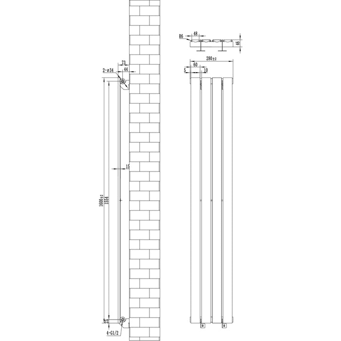 Radiatore Orizzontale 1600 x 280 mm con Valvole TRV Nero