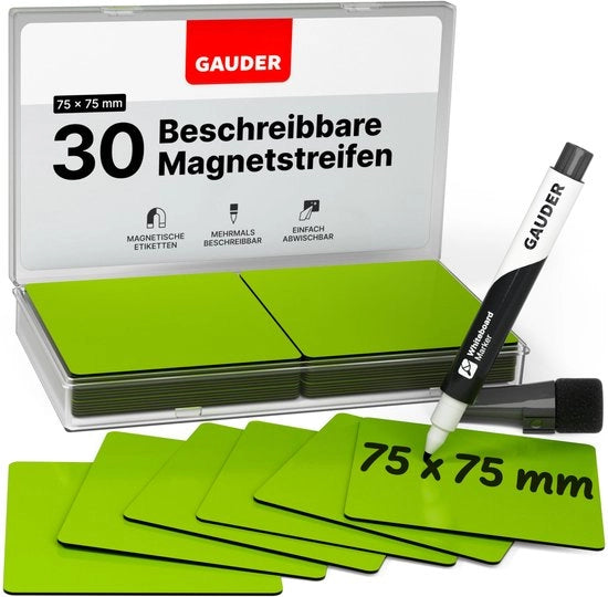 Etichette magnetiche descrittive - Tavole magnetiche riutilizzabili per lavagne bianche, lavagne scolastiche, tavole Kanban e frigoriferi - Carte magnetiche con marker (30 pezzi - 75 x 75 mm)