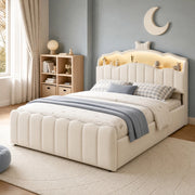 Letto imbottito ULEVR 140x200 cm beige con contenitore idraulico, LED multicolore, USB e USB-C