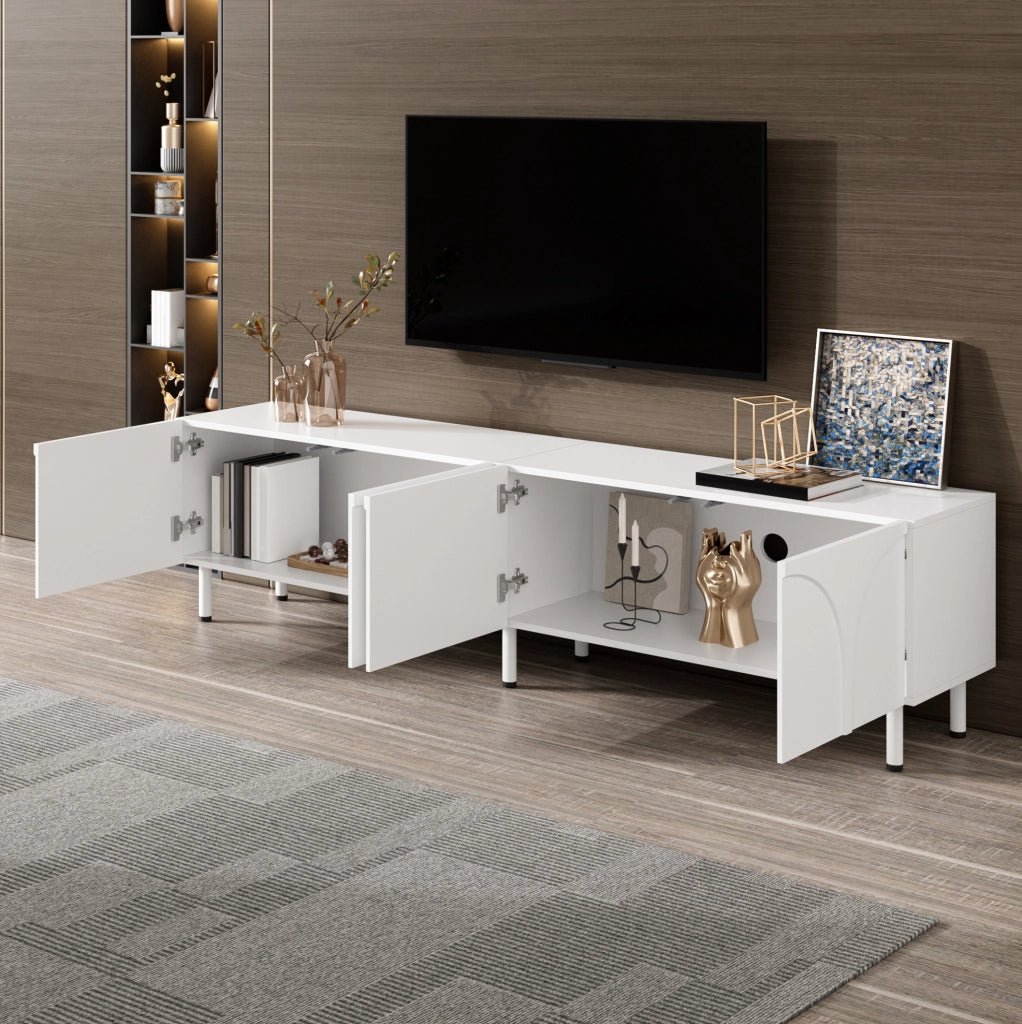 Credenza TV 180x35x49 cm con 4 ante; due spazi separati; in MDF e pannello truciolare; bianco