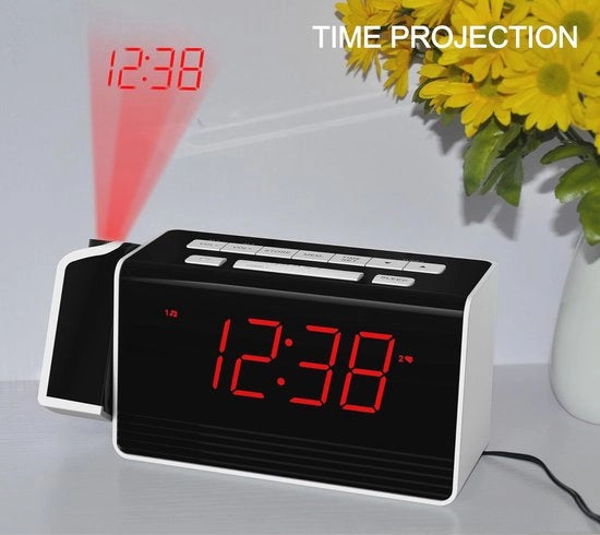 Proiettore con schermo rotativo a 180°, radio FM, display LED, regolazione luminosità, doppio allarme e funzione snooze