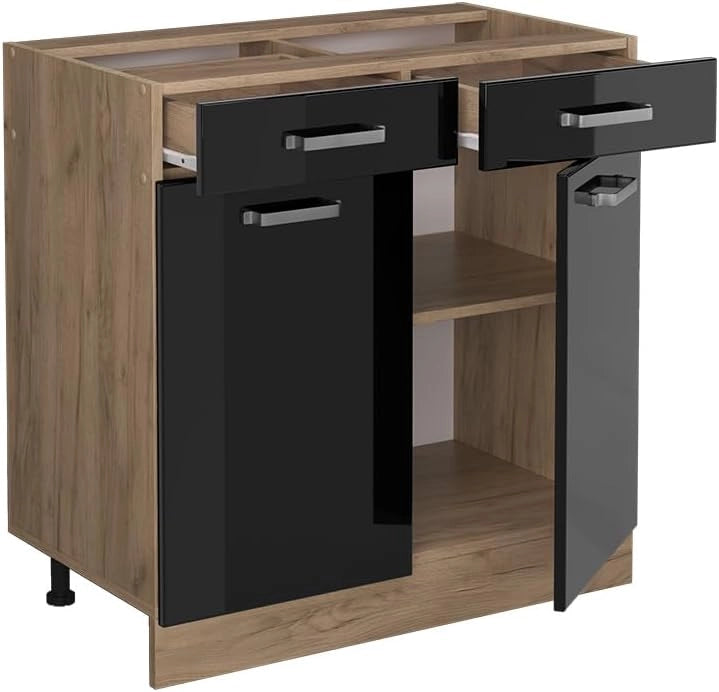 Mobiletto base per cucina R-Line, Nero lucido, 80 cm senza piano di lavoro, per la libera combinazione all'interno di sistemi cucina modulari