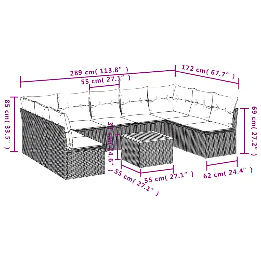 Set Divani da Giardino 10 pz con Cuscini Nero in Polyrattan