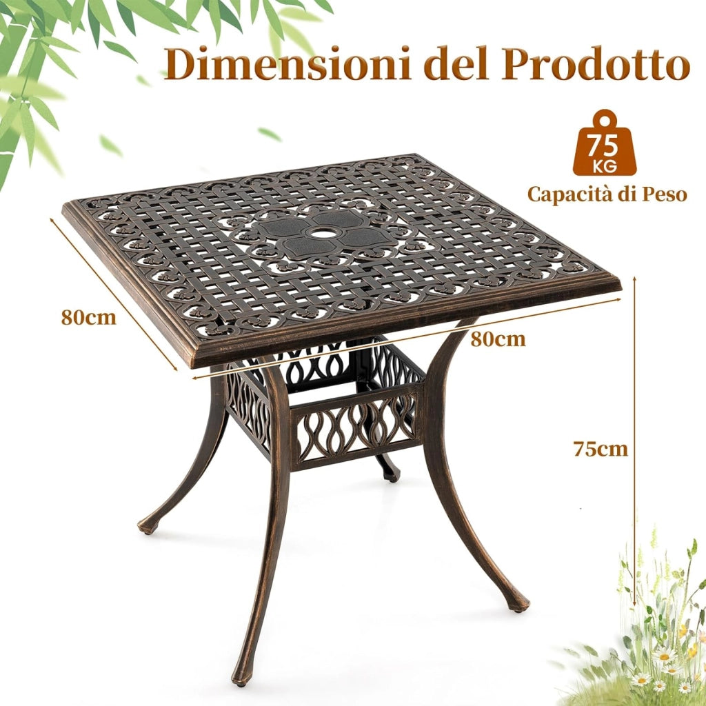 Tavolo da Giardino 80 cm, Tavolo Bistro Quadrato con Foro per Ombrellone da 4,8 cm, Tavolo da Esterno per 4 Persone, Tavolo da Pranzo per Giardino Piscina,Portata 75 kg