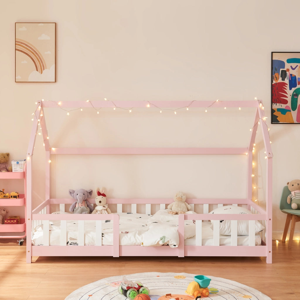 Letto per Cameretta Sisimiut a Forma di Casetta 90x200 cm Rosa / Bianco [en.casa]