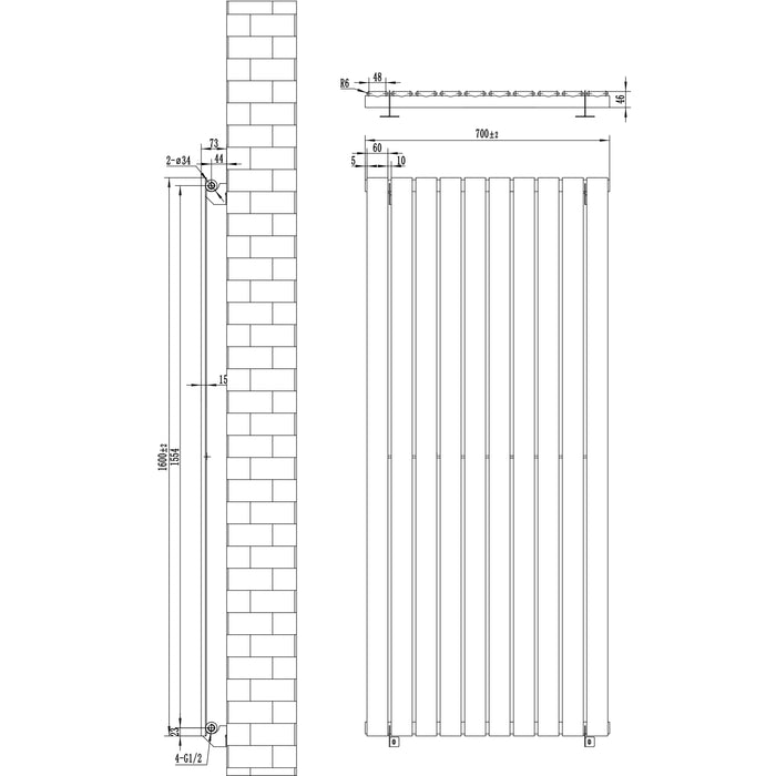 Radiatore Orizzontale 1600 x 700 mm con Valvole TRV Nero