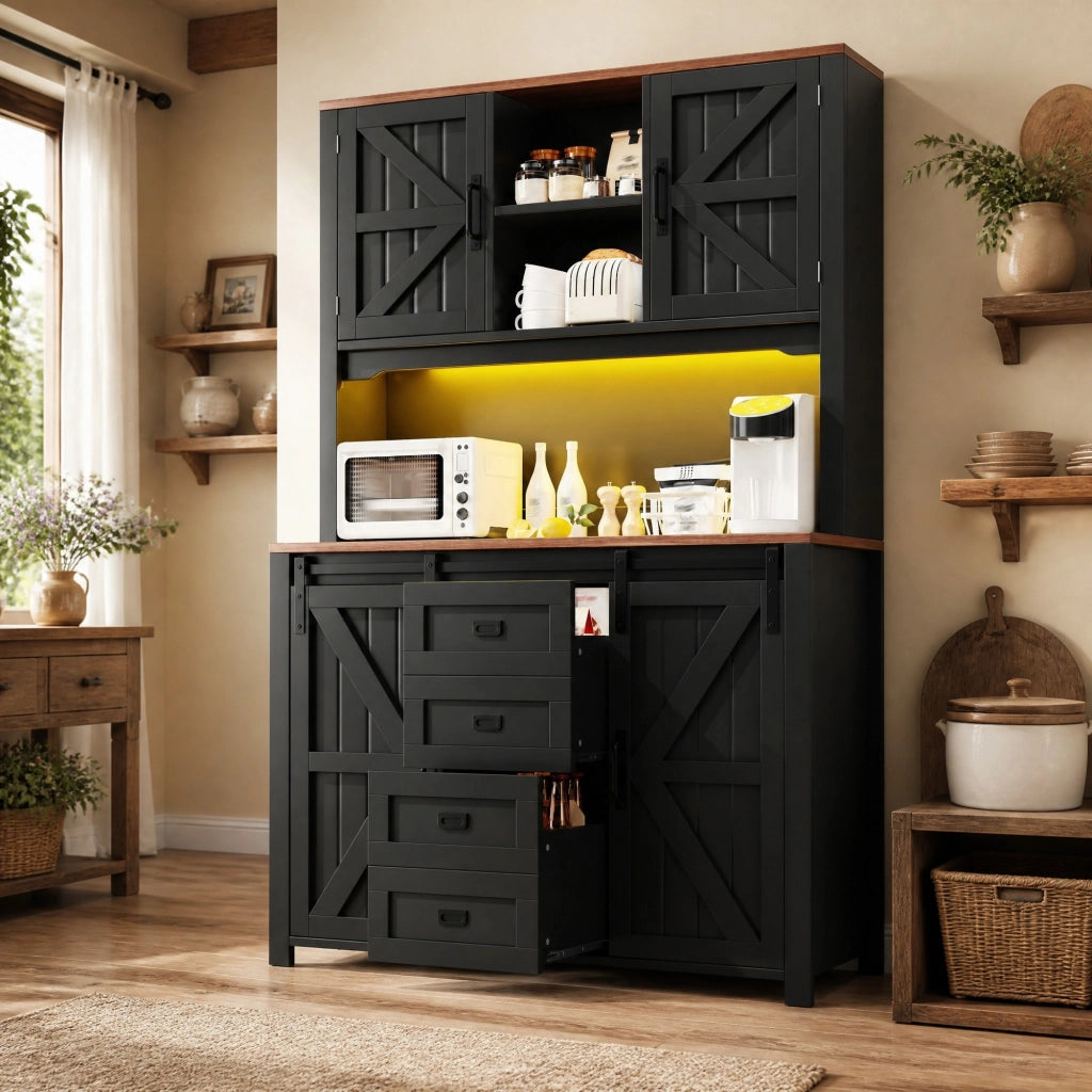 Credenza da cucina alta 115 x 40 x 174,7 cm con ripiani regolabili, ante scorrevoli e illuminazione LED