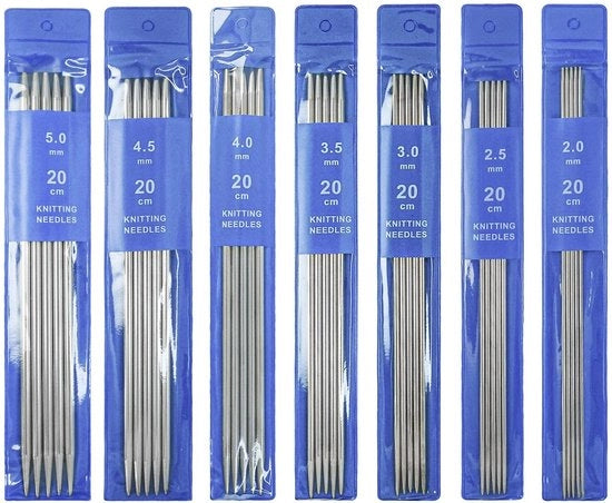 Set di Aghi per Calze e Guanti 35 pezzi - 20 cm Aghi a Doppio Punta - Acciaio Inossidabile - 2 mm a 5 mm - Leggeri e Lisci - Per Calze e Guanti - Set di Aghi Breve