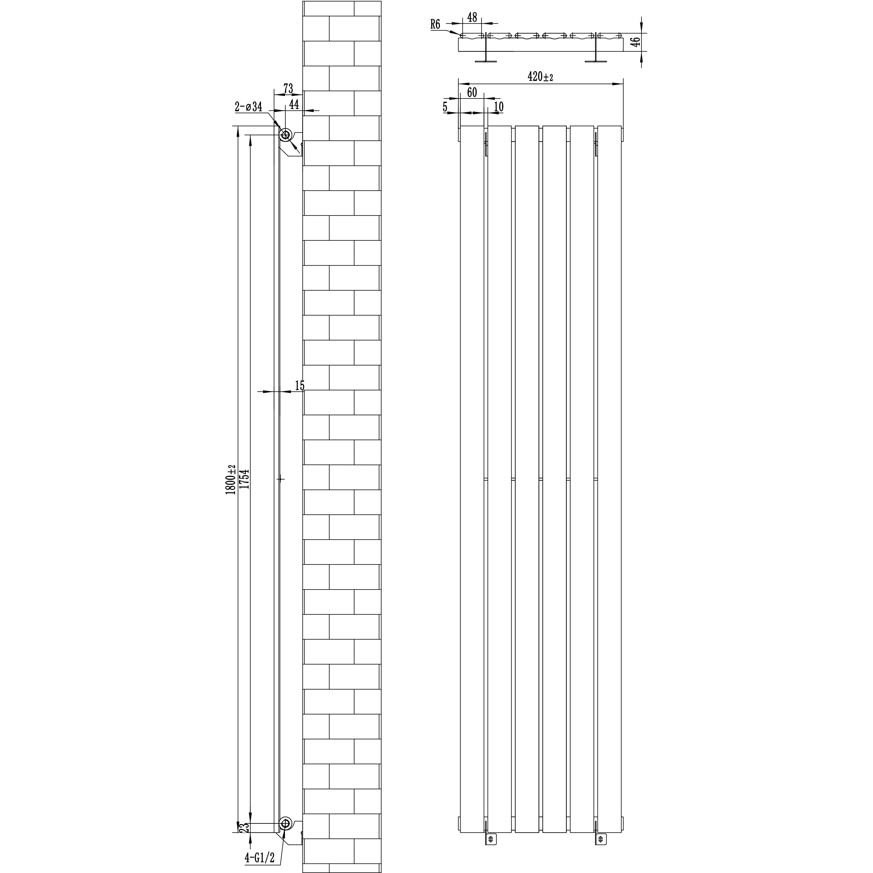 Radiatore Orizzontale 1800 x 420 mm con Valvole TRV Grigio Antracite