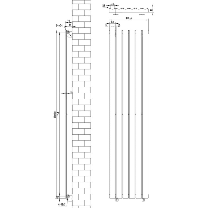 Radiatore Orizzontale 1800 x 420 mm con Valvole TRV Bianco