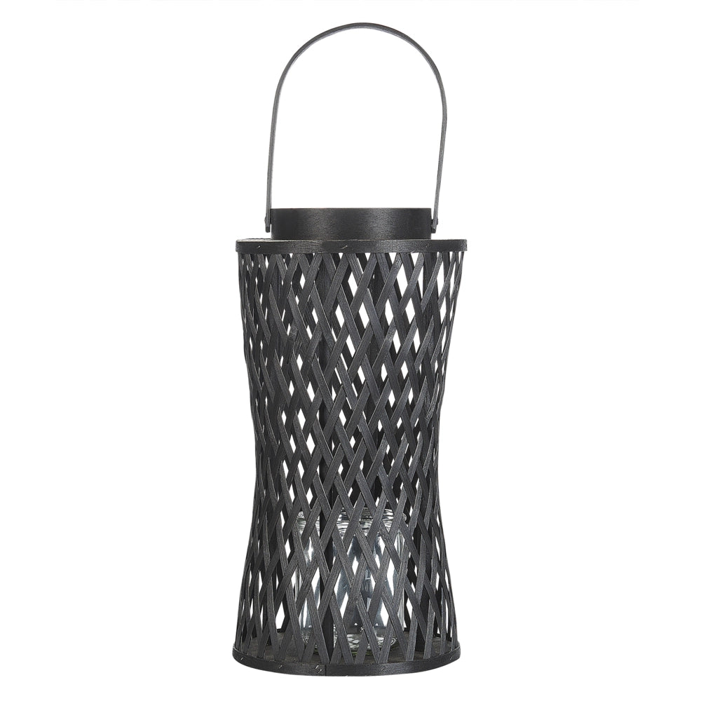 Lanterna a candela in legno di bambù nero da 38 cm con portacandele in vetro in stile Boho per interni