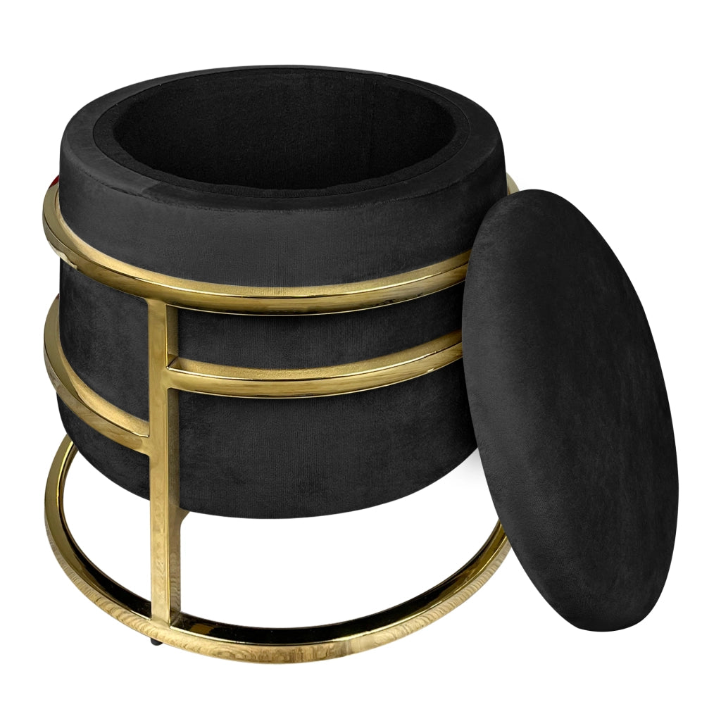 Pouf Contenitore Poggiapiedi Velluto Con Struttura Circolare Cromata Oro Elegante Imbottito Sgabello Per Toeletta Mobile Trucco Ottomano Ingresso Camera Da Letto Rotondo - Nero