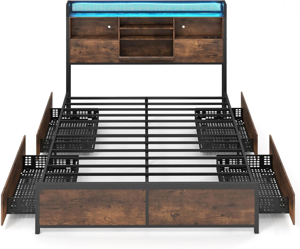 Struttura Letto con Testiera, Letto con 4 Cassetti e Doghe Robuste in Metallo, Letto a Piattaforma con Prese, Silenzioso, Carico Massimo 300kg (160 x 200 cm)