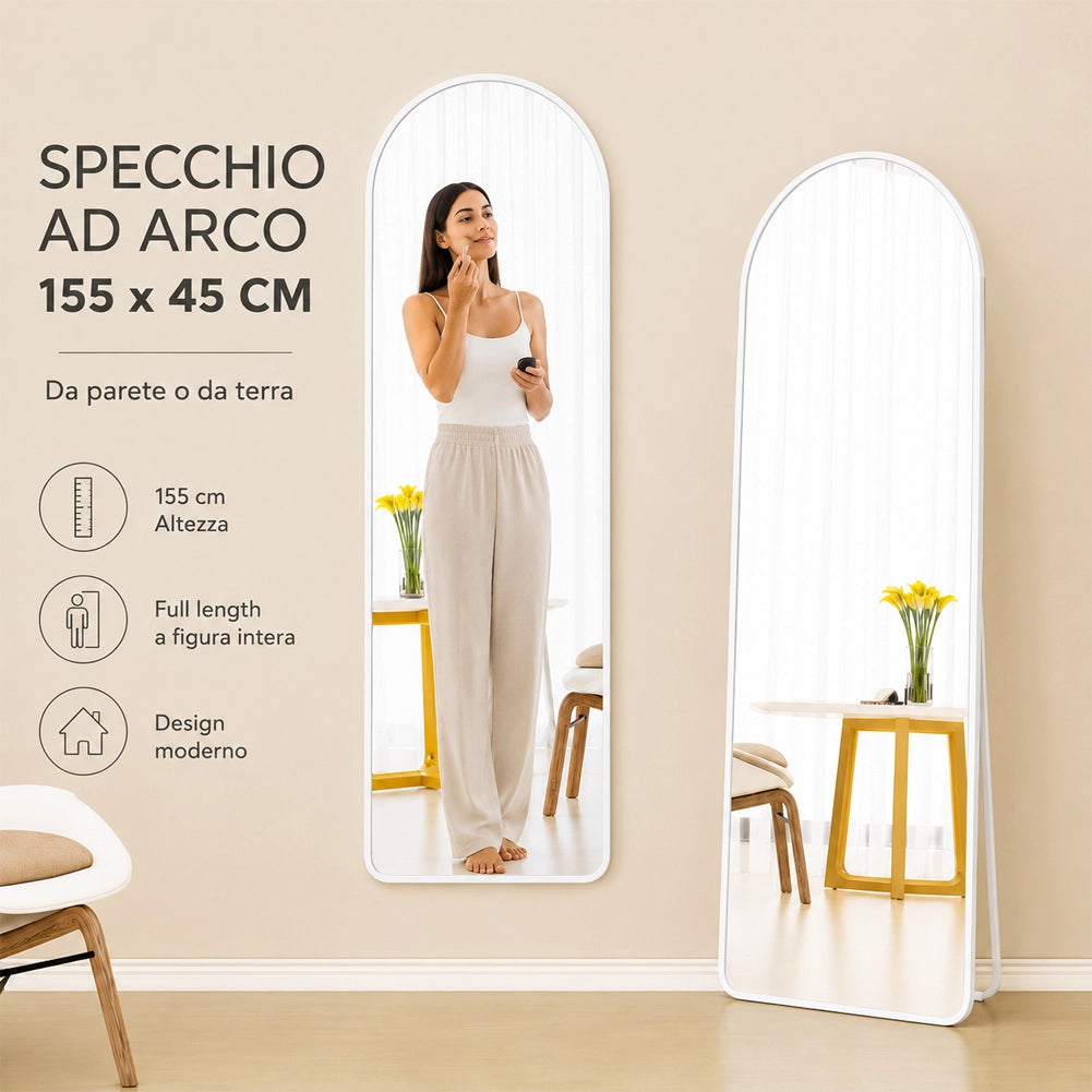 Specchio ad Arco da Terra e Parete Bianco Decorazione Design Moderno 155x45 cm