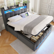 LETTO imbottito 160x200 cm grigio con LED, USB e contenitore
