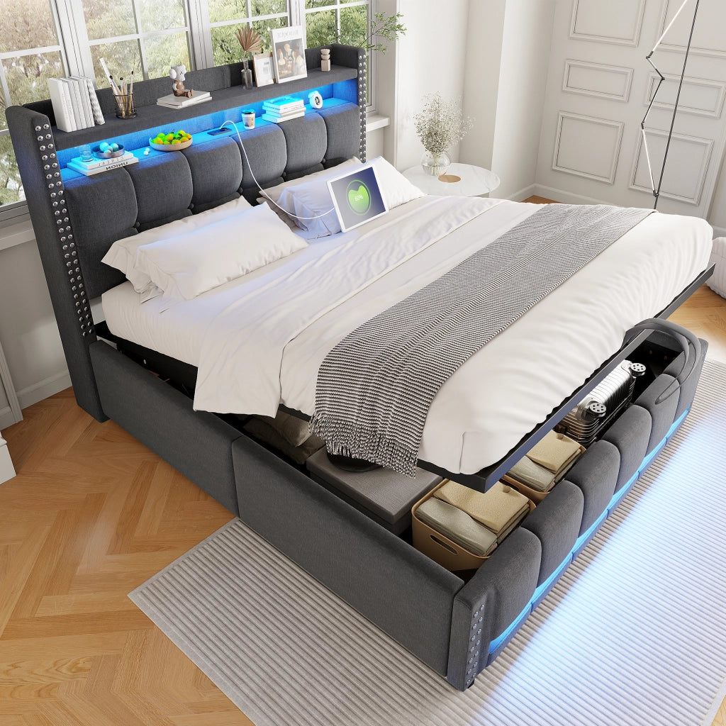 LETTO imbottito 160x200 cm grigio con LED, USB e contenitore
