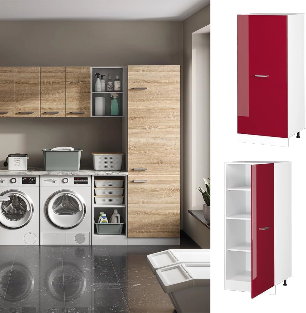 Dispensa universale R-Line, Rosso bordeaux lucido, 60 cm con anta grande, per la conservazione di utensili domestici e scorte