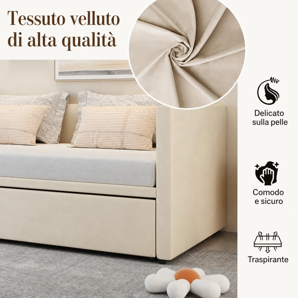 Divano‑letto multifunzione crema in velluto, meccanismo con ruote, montaggio veloce, divano trasformabile per appartamento