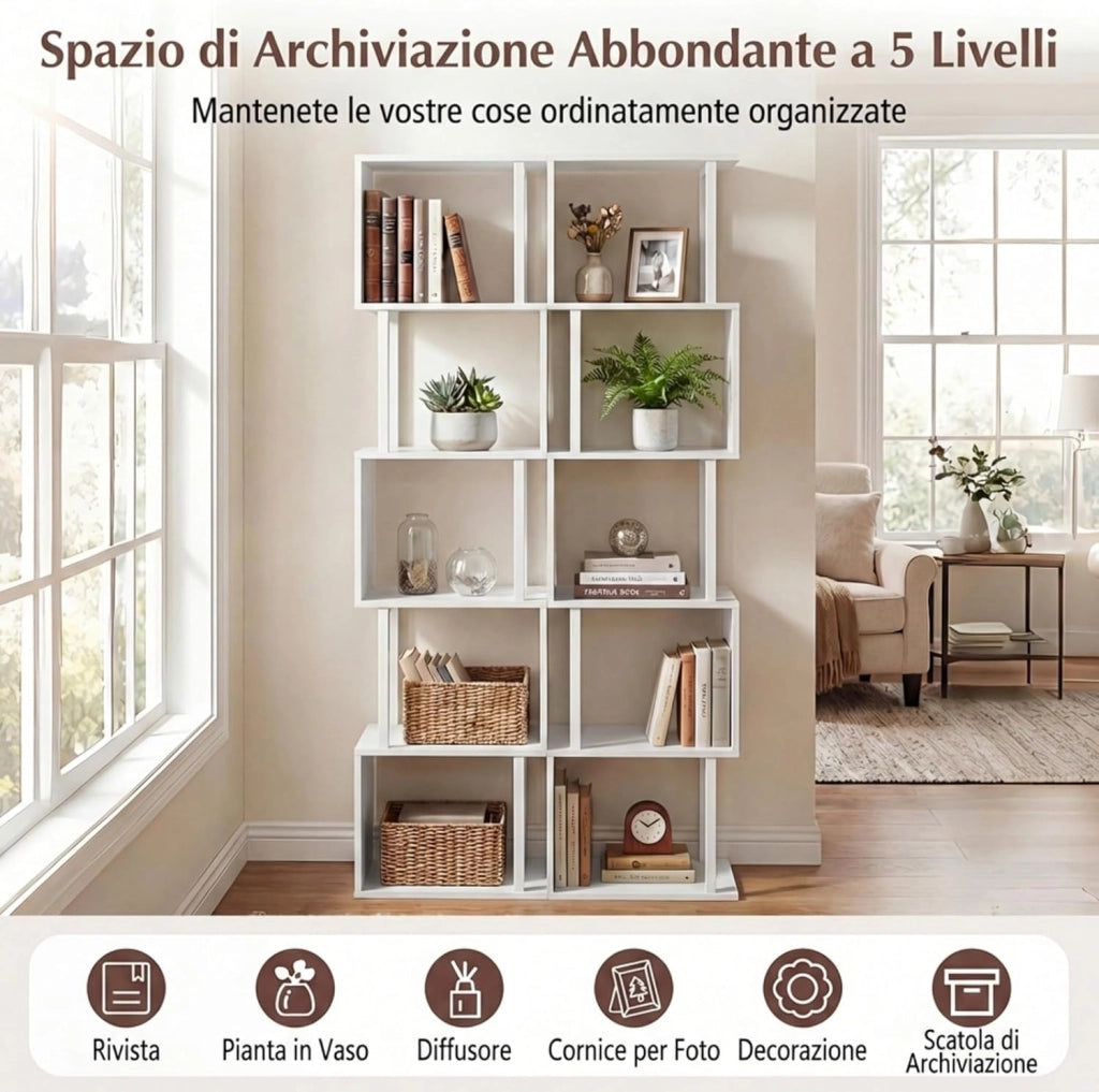 Libreria a 5 Livelli in Legno, Scaffale Espositore Geometrico con Struttura in Metallo, Mobile Portaoggetti Salvaspazio per Camera da Letto Soggiorno Ufficio, 38x23x147 cm (Bianco)