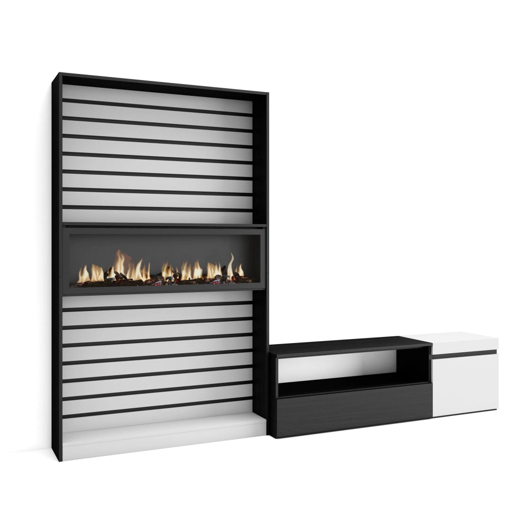 Mobile TV, Soggiorno, 260x35x186cm, Per TV fino a 65", Camino elettrico, Bianco e nero RF2549