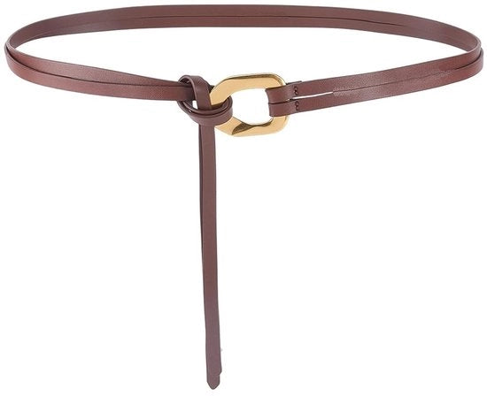 Cinturino in pelle vera con doppia cerniera regolabile, stile vintage, in pelle marrone, taglia sottile, con chiusura in oro, adatto per jeans e gonne per donne