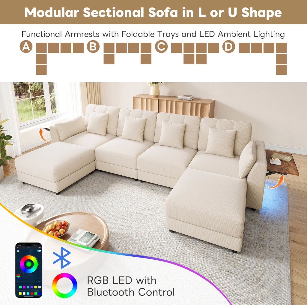 Divano modulare a U/L con 2 pouf; LED e tavolini pieghevoli; ciniglia beige