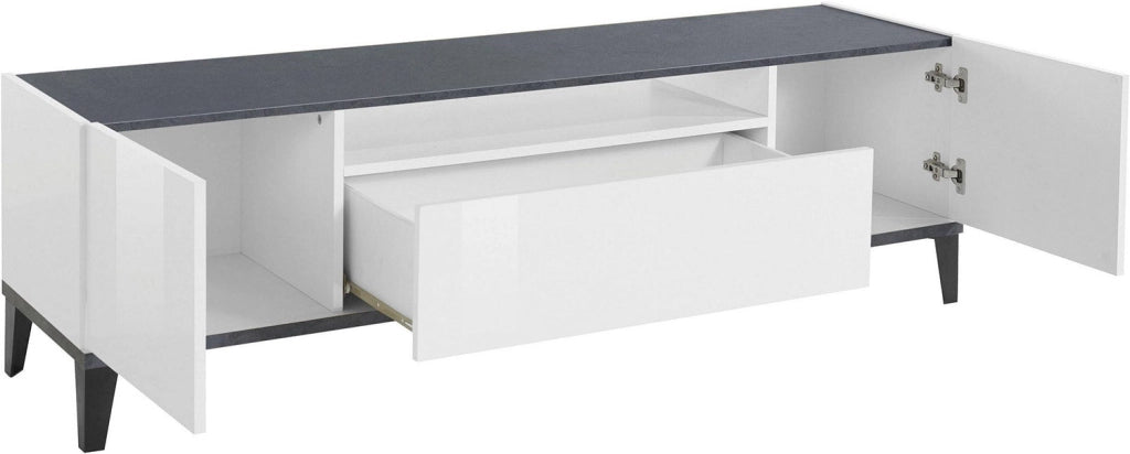 Mobile TV 2 Ante 1 Cassetto 160x40x47 cm Sunrise Bianco Lucido e Ardesia