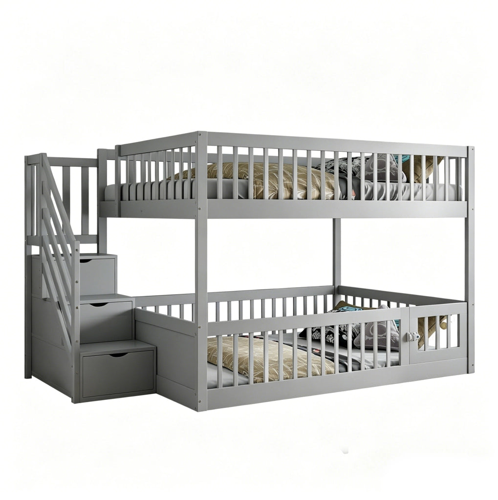 Letto a castello 140x200 cm con scala contenitore e letto inferiore apribile in legno grigio