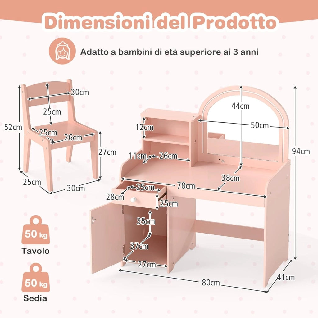 Toeletta Trucco 2 in 1 per Bambina, Specchiera per Ragazza in Legno con Mensole, Cassetto, Ripiani e Luci LED Regolabile, Postazione Trucco per 3 Anni, 80 x 40 x 94 cm (Rosa Chiaro)