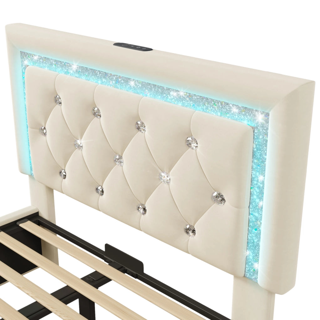 Letto singolo imbottito ULEVR 90x200 cm con contenitore idraulico, LED, USB e Type-C, velluto beige