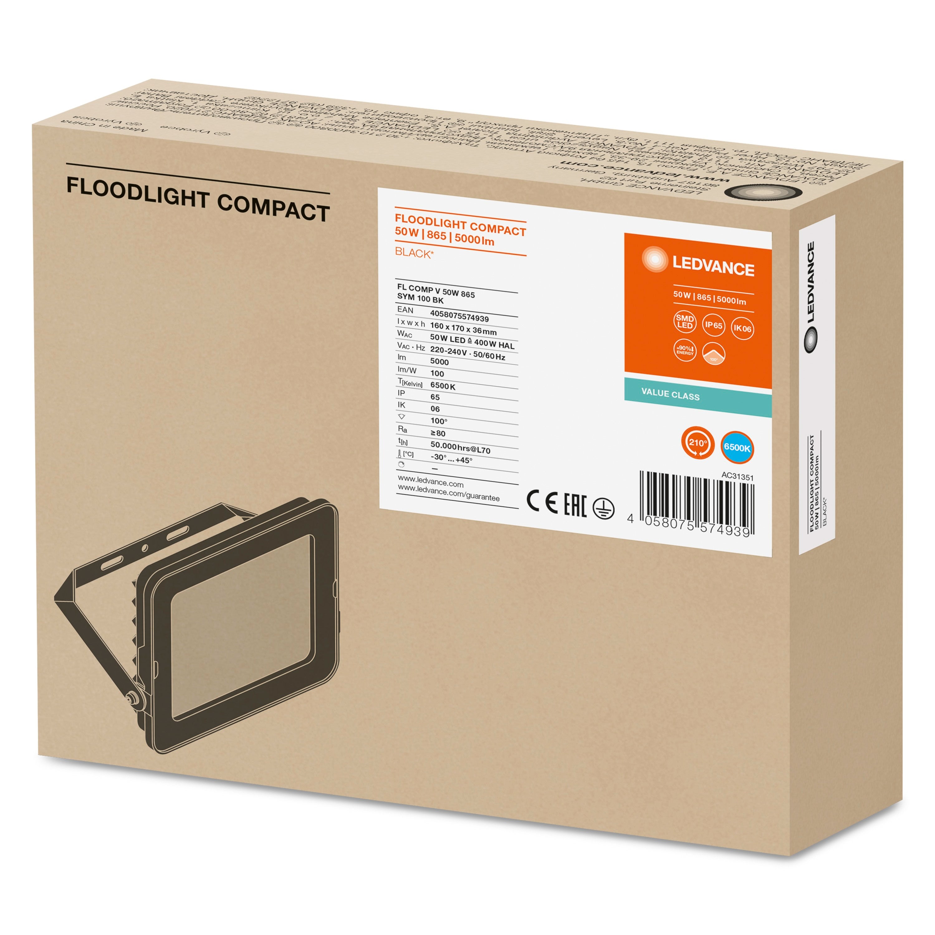 Faretto Proiettore LED 50W 6400K 5000lm IP65 Nero