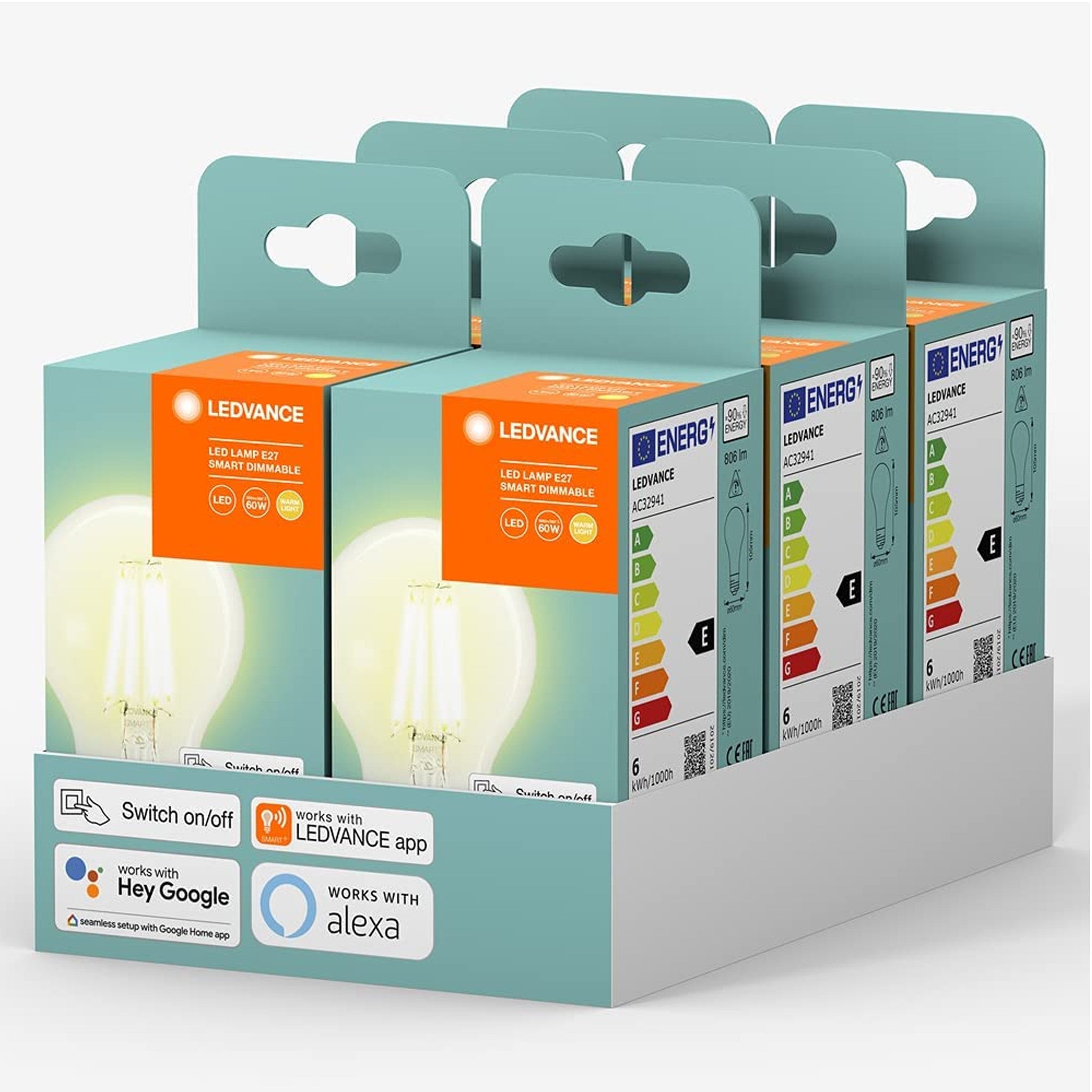 6x Lampada Lampadina Smart Led 6W E27 Con Bluetooth Alexa Google Assistant 2700K