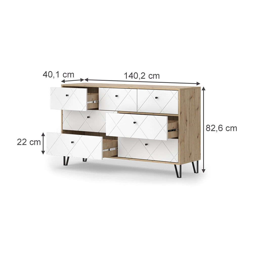 Vicco Cassettiera per camera da letto Artigianale/Bianco 140.2 x 82.6 cm con 7 cassetti