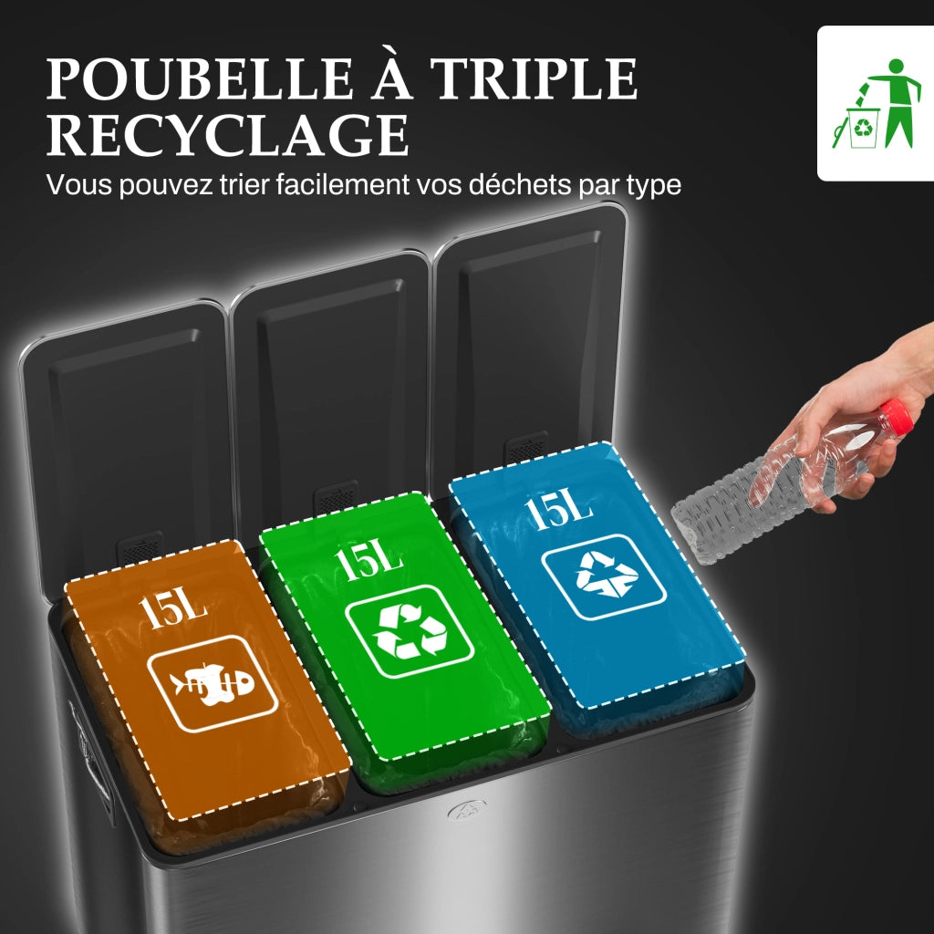 Bidone per la Raccolta Differenziata da Cucina 45L ¨C zephmum ¨C 3 Scompartimenti 15L, Nero