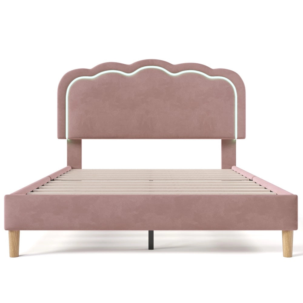 Letto Imbottito Matrimoniale LED con Testiera Regolabile ¨C MINIMAL ¨C Velluto Rosa 140x200