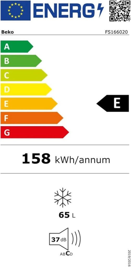 BEKO FS166020 Congelatore verticale a libera installazione 65 L 82 cm Classe E 37 dB raffreddamento statico con sistema MinFrost 3 cassetti porte reversibili ripiani in cristallo infrangibile autonomia 15 h Bianco