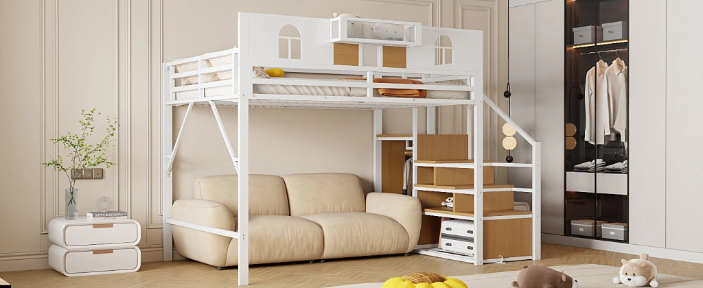 DESMIU Letto a soppalco 2 posti con scala contenitore e mensola, 140 × 200 cm, senza materasso, bianco