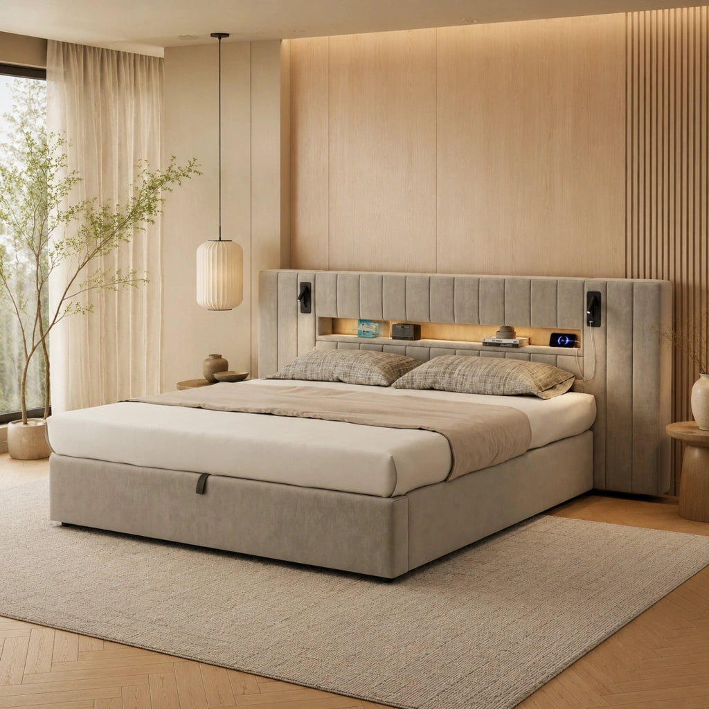 Letto imbottito 180 x 200 cm con USB, LED, lampada da comodino e contenitore, in velluto grigio