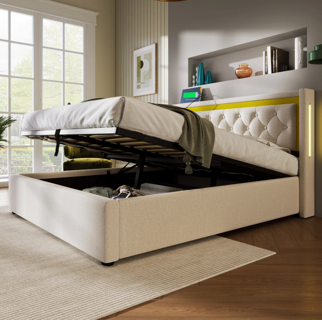 Letto matrimoniale contenitore 140x200 cm con LED e ricarica USB Type-C; beige chiaro; con materasso