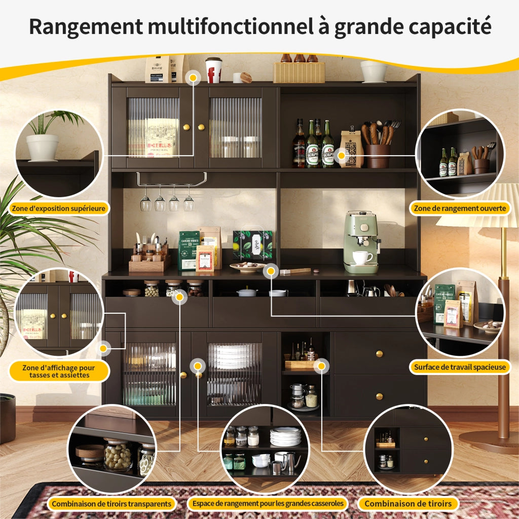 Credenza Alta da Cucina con Cassetti; Vani Aperti e Portabottiglie; Ante in Vetro Rigato; in MDF; 145 x 39 x 171 cm; Nero