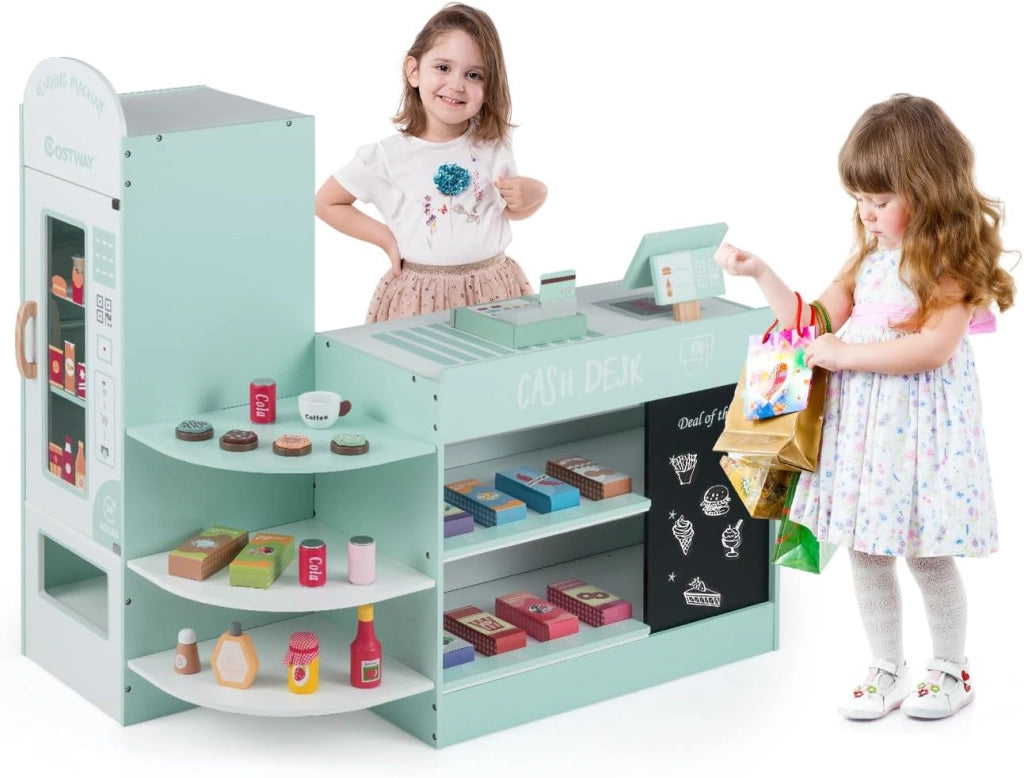 Negozio Alimentare per Bambini, Set di Giocattoli Supermercato in Legno con Cassa, Macchina POS, Distributore Automatico, Lavagna Scrivibile, per Bambini 3-8 Anni (Grigio)