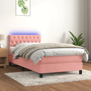 Letto singolo | Letto per adulti | Letto a Molle con Materasso e LED Rosa 90x200 cm in Velluto