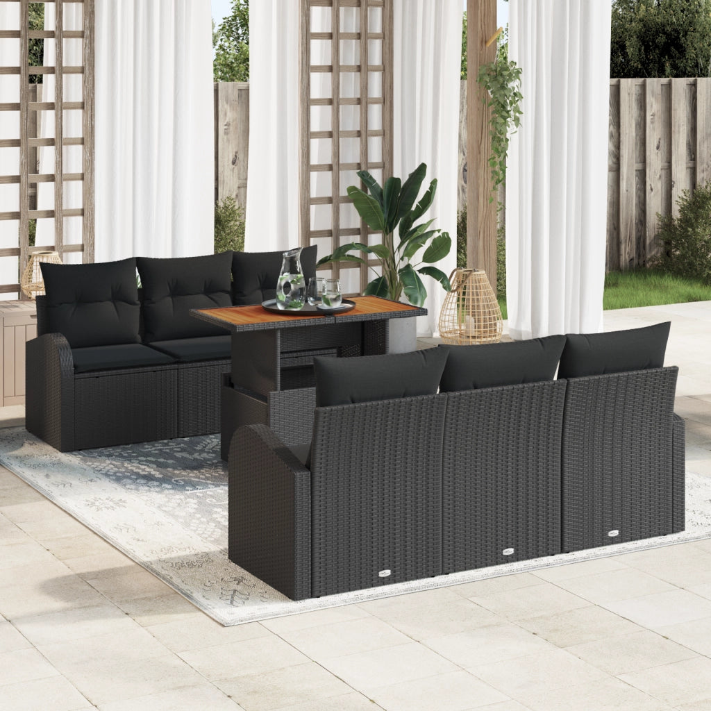 Set da Pranzo da Giardino da 7 Pezzi con Cuscini Nero Rattan Poliacetato